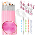 Nail Art Tools Set, 15 Pcs Nail Art Brushes, 5 Double Ended Dotting Pens, Mixing Palette, Nail Brush Holder, 10 Nail Stands & Tape for Press on Holder, Suit for Nail Tech & Beginners