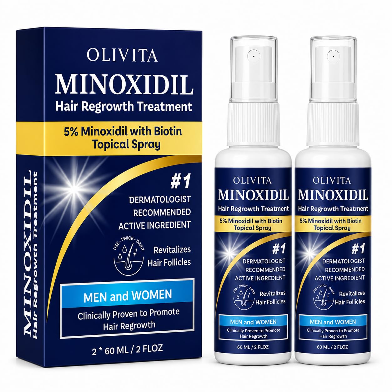 5% Minoxidil For Men And Women Hair Growth: Minoxidil Spray Hair Regrowth Treatment Serum With Biotin & Rosemary -Stop Hair Thinning And Hair Loss For Stronger Thicker Longer Hair 2 Pack