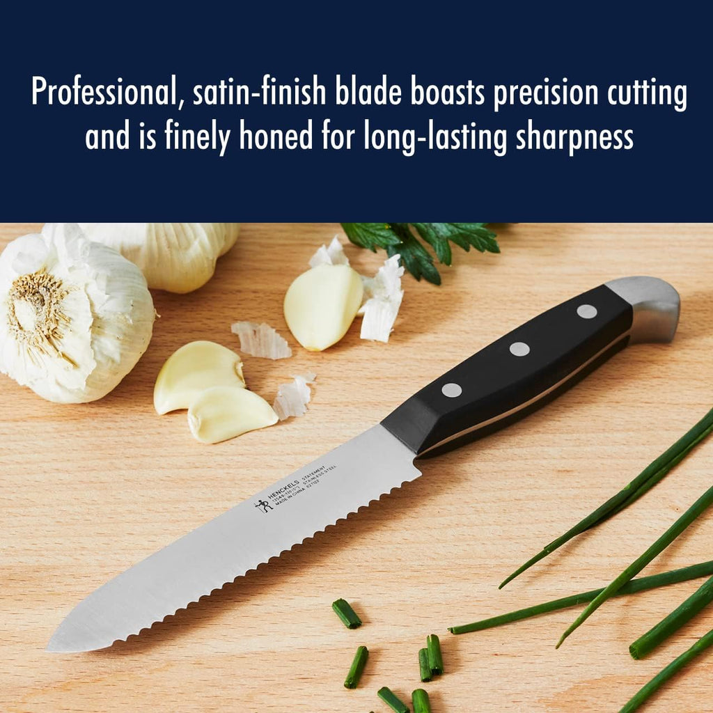 HENCKELS Statement Razor-Sharp 5-inch Serrated Utility Knife, Tomato Knife, German Engineered Informed by 100+ Years of Mastery, Black/Stainless Steel