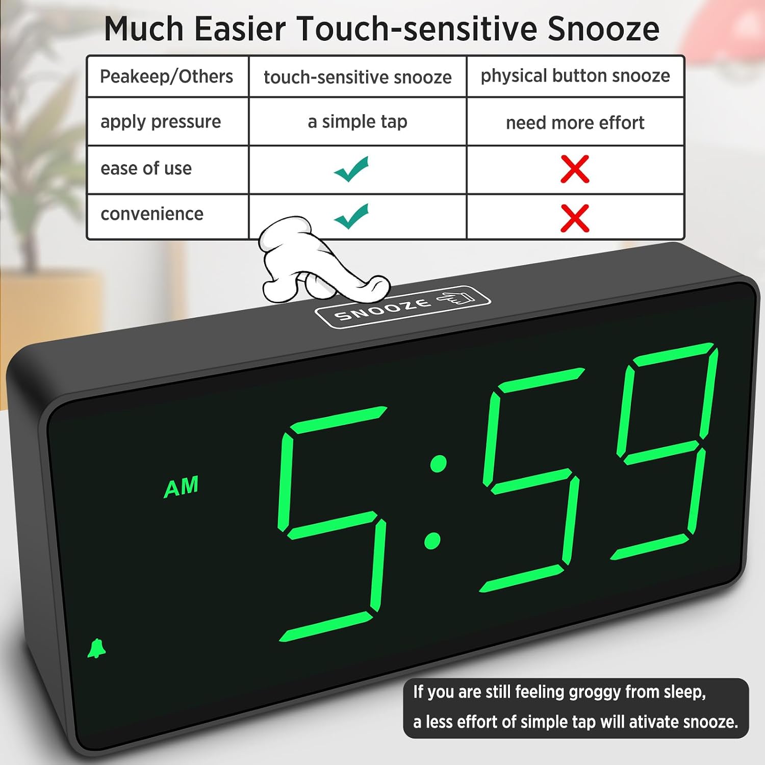 Peakeep Battery Operated Digital Alarm Clock For Bedrooms Big Numbers | Cordless Large Display Auto Dimming For Seniors, Adjustable Volume Loud Alarm Clock For Heavy Sleepers Adults (Green Digits)