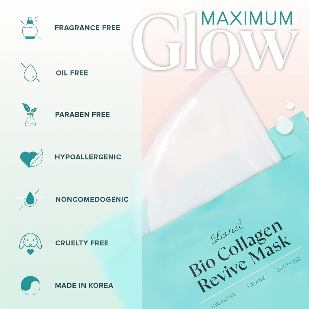 Ebanel Bio Collagen Face Mask, 4-Pack Hydrating Face Masks With 7 Peptides, Hyaluronic Acid, Niacinamide, Centella, Rose Water, Ceramide, And B5, Glass Skin Tightening And Lifting Korean Sheet Masks