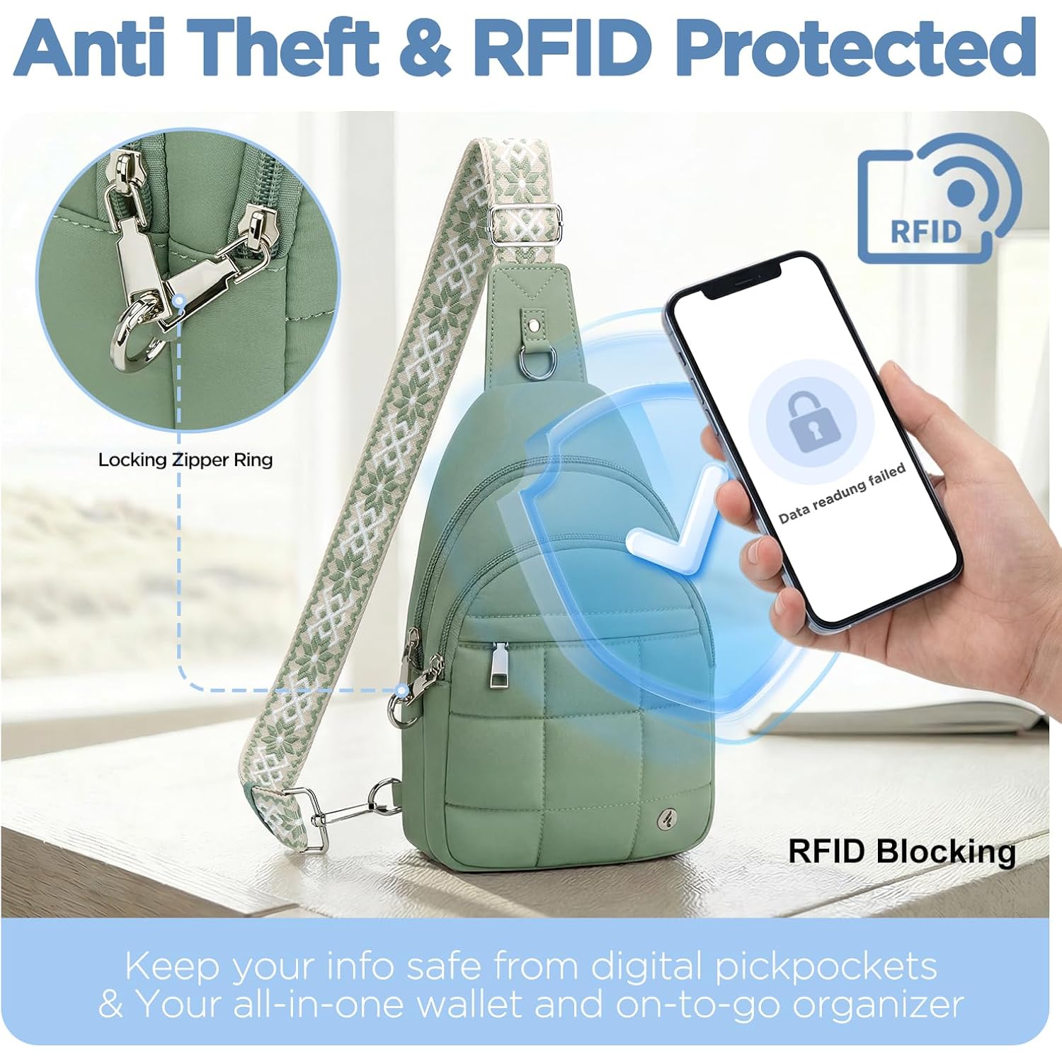 Anti Theft Sling Bag For Men & Women, Lightweight Puffer Rfid Crossbody Bag For Travel, Commuting & City Walking, Hands-Free Everyday Essentials Bag Green