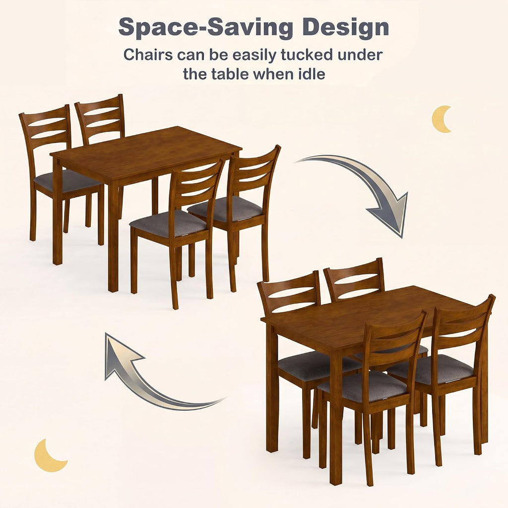 Costway 5-Piece Dining Table Set For 4, Kitchen Table W/Upholstered Chairs | Rectangular Table, Rubber Wood Frame, Farmhouse, Space-Saving Design For Small Apartment & Breakfast Nook