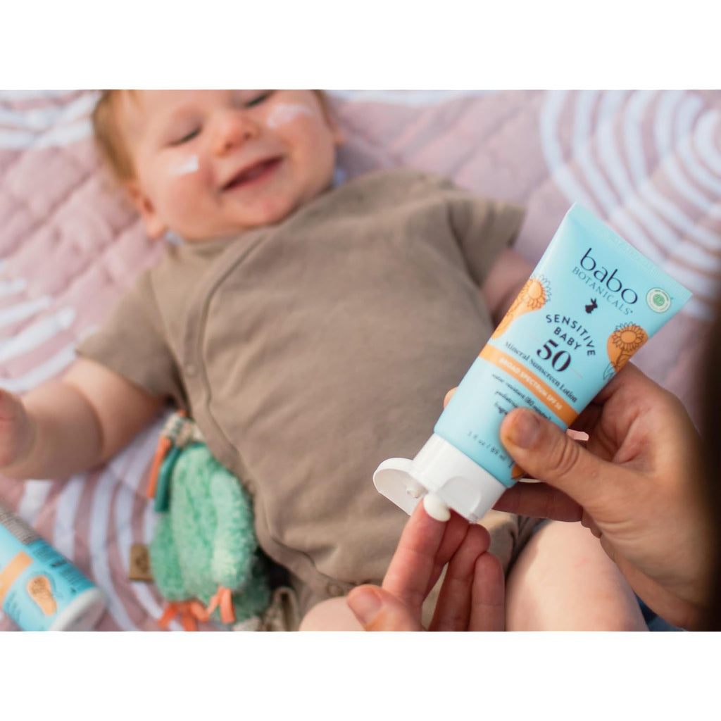 Babo Botanicals Sensitive Baby Mineral Sunscreen Lotion SPF50 - Natural Zinc Oxide - Face & Body - Fragrance-Free - Water-Resistant - EWG Verified - Vegan - Extra Sensitive Skin - For Babies & Kids