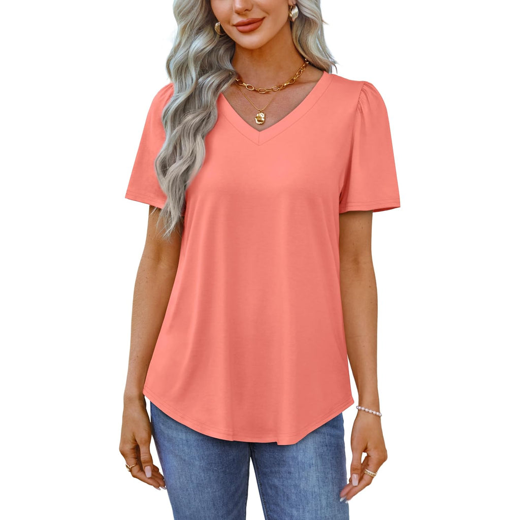 OFEEFAN T Shirts for Women V Neck Dressy Casual Blouses Puff Short Sleeve Summer Tops Loose Fit