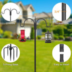 Heavy Duty Shepherds Hook 76" Double Hooks Adjustable (44/60/76") - Alloy Steel 5-Prong Base, 17Lb Capacity - Easy Assembly Bird Feeder Pole For Hanging Planters, Lanterns, Wind Chimes