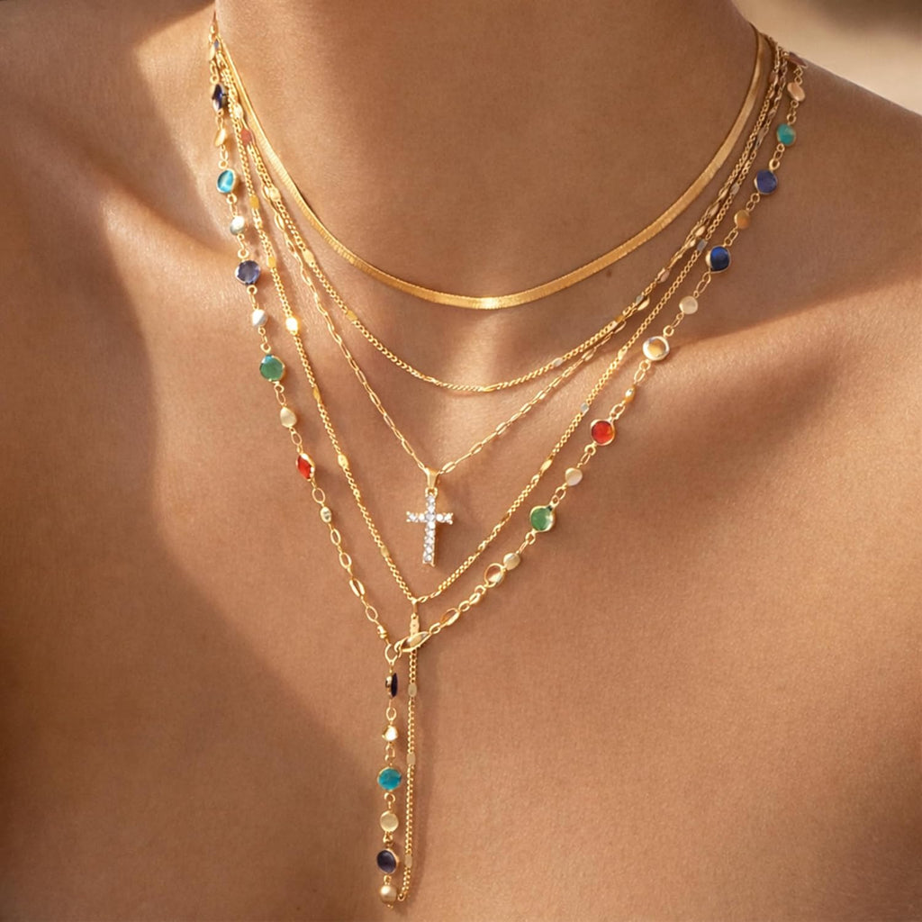 FAXHION 5PCS 14k Gold Plated Cross Necklaces for Women, Pendant Stacked Layered Diamond Y Long Boho Jewelry Sets Adjustable Accessories Trendy Gifts for Women