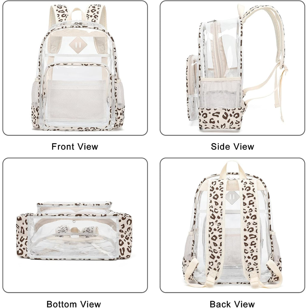 Clear Backpack For Girls Women School Bookbag Heavy Duty Transparent Backpacks (Beige Corduroy Leopard)