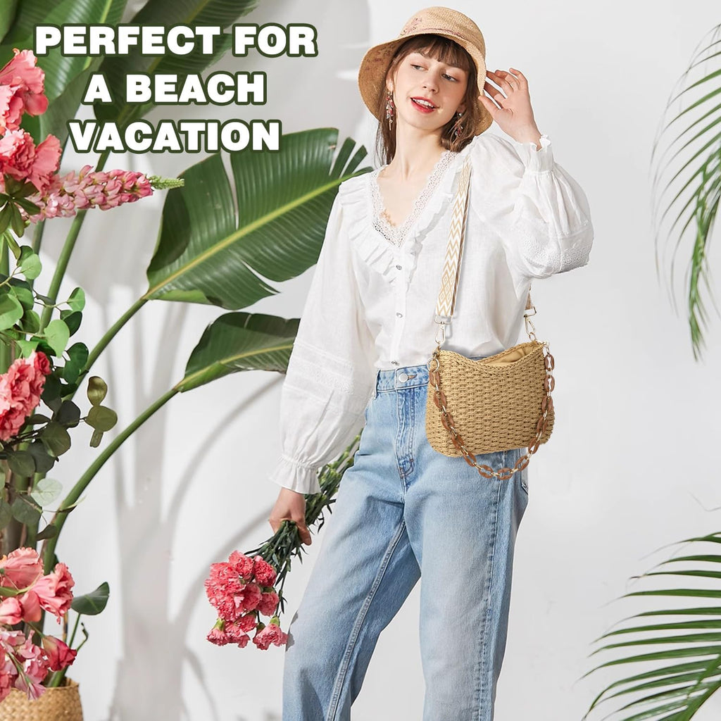 Straw Handbags Purses Crossbody Pocketbook Bag Casual Woven Beach Bags Summer Hobo Hippie Chic Tote Bags with Chain