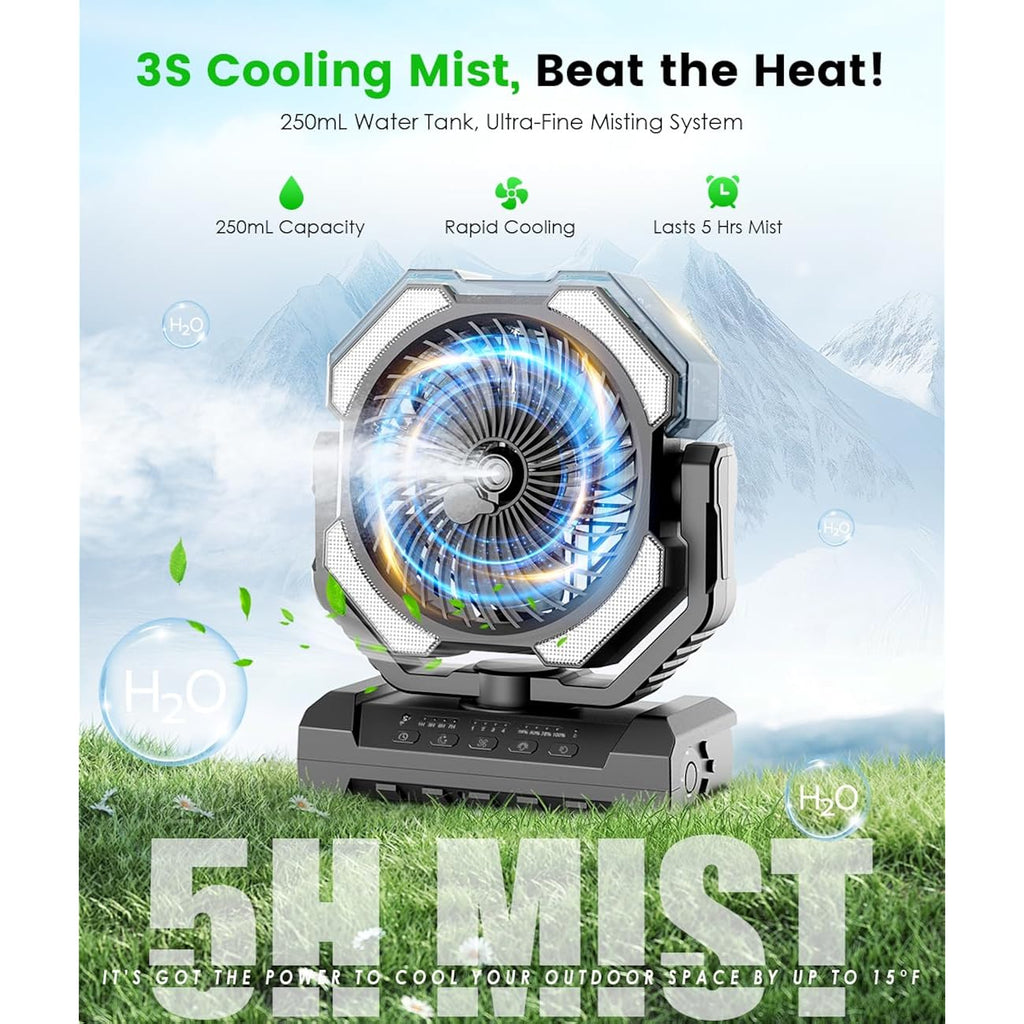 Camping Misting Fan - 24000Mah Portable Battery Powered Fans With 9Oz Water Tank, Light, Hook - Rechargeable, 120H Cooling, Last 5H Mist, 4 Speed, Sleep Mode - Outdoor Gear, Travel Essentials