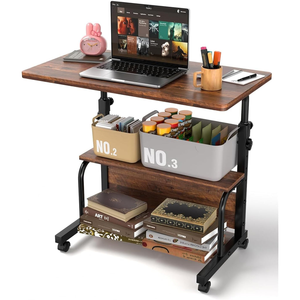 QZMDSM Portable Rolling Desk on Wheels Adjustable Height Desks for Small Spaces, 32" Computer Desk Drafting Tables with Storage Shelves for Home Office Rustic