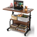 QZMDSM Portable Rolling Desk on Wheels Adjustable Height Desks for Small Spaces, 32" Computer Desk Drafting Tables with Storage Shelves for Home Office Rustic