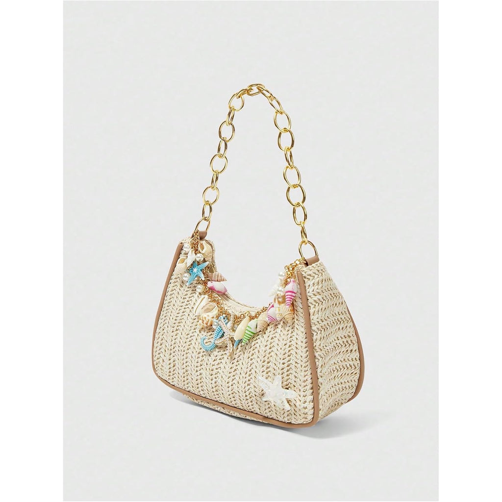 Makemechic Women'S Straw Beach Purse Seashell Beaded Shoulder Handbags Summer Vacation Bags