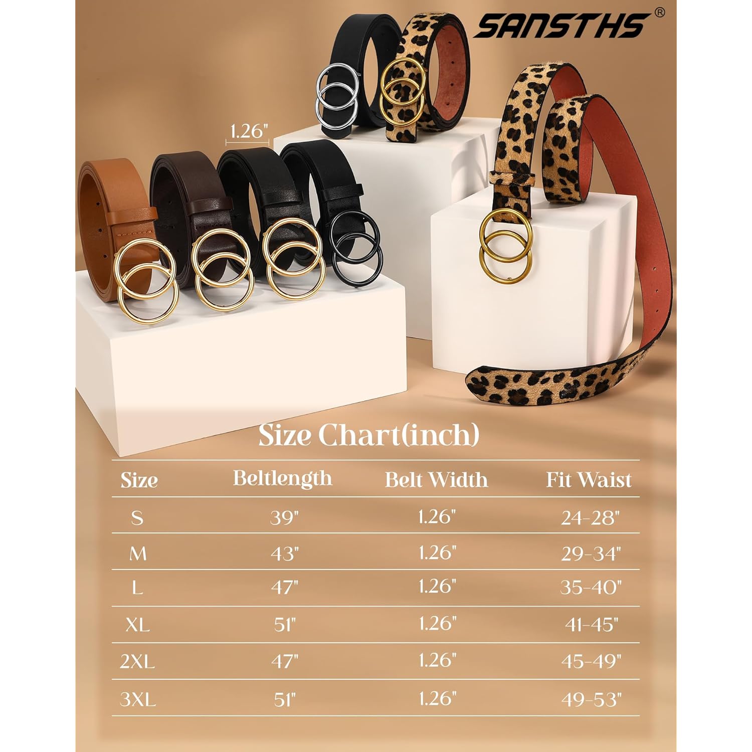 SANSTHS Womens Leather Belt for Jeans Pants Fashion Waist Belts Gold Silver Double Ring Buckle