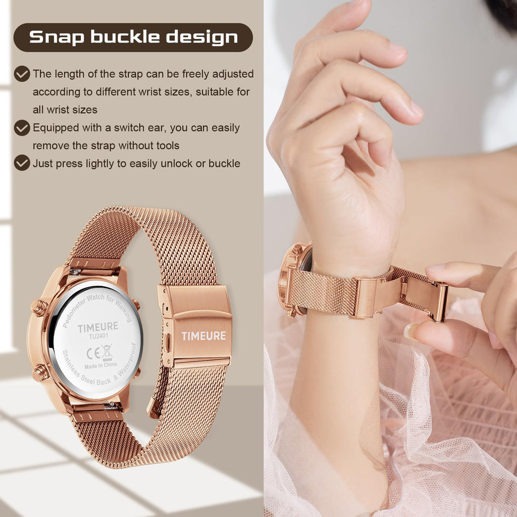 Women'S Step Counter Pedometer Watch With Stainless Steel Bracelet, Stylish Design, No App, No Charging Needed For Step, Calorie, Distance, Alarm, Countdown Timer，Tu-2401