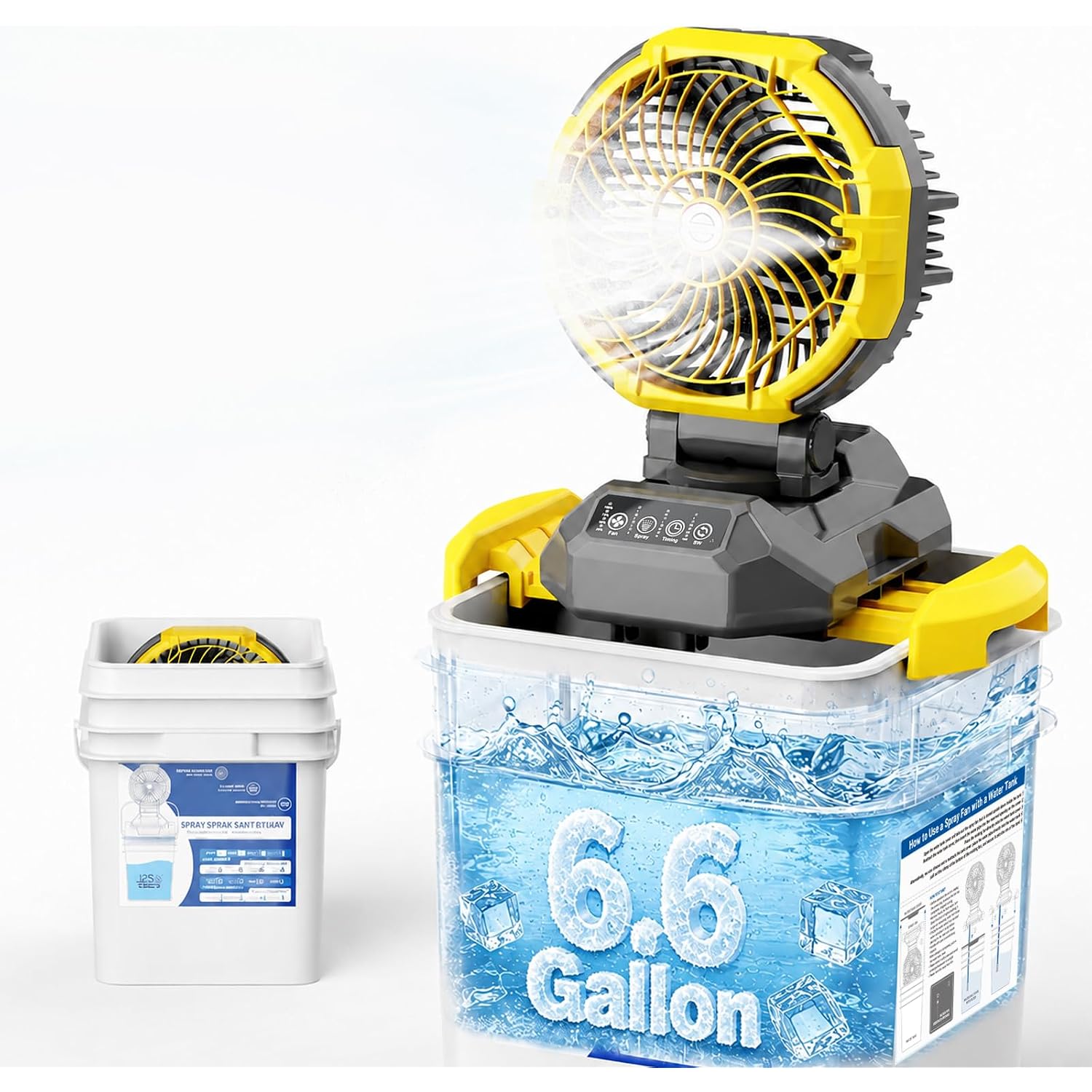 Portable Misting Fan With 6.6 Gallon Bucket, 30000Mah Rechargeable Battery Powered Floor Cooling Fan With 4 Strong Winds & 4 Spray Mister, Outdoor Oscillation Fans For Camping/Patios/Beach/Worksite