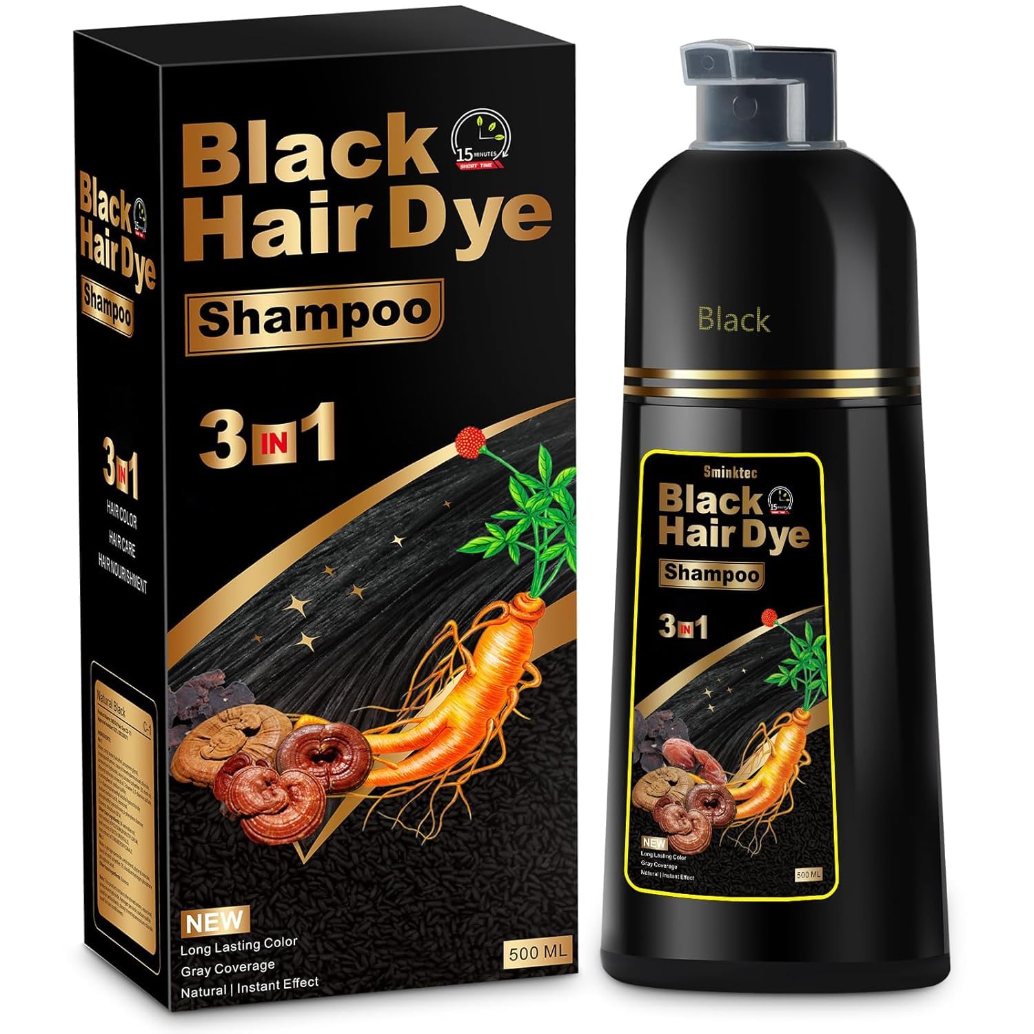 Hair Dye Shampoo 3 In 1 For Gray Hair, Herbal Ingredients Natural Shampoo Hair Dye For Women Men (Black)
