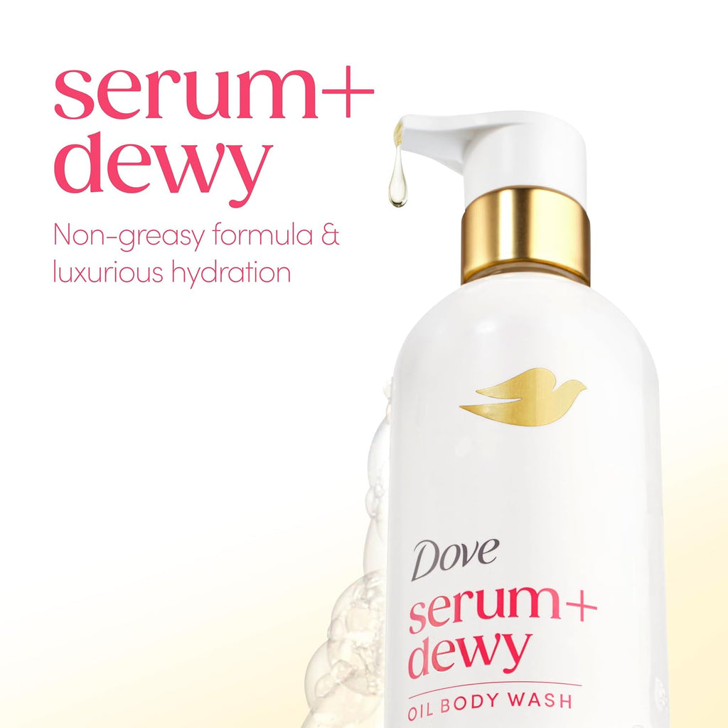 Dove Serum+ Shower Oil Body Wash Dewy, Coconut & Geranium Oil, 15.3 Fl Oz I Hydrating Shower Oil Body Wash With Glycerin Serum For Soft, Dewy Skin Without Greasy Residue