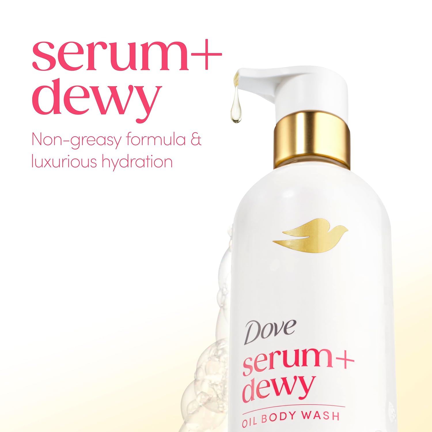 Dove Serum+ Shower Oil Body Wash Dewy, Coconut & Geranium Oil, 15.3 Fl Oz I Hydrating Shower Oil Body Wash With Glycerin Serum For Soft, Dewy Skin Without Greasy Residue