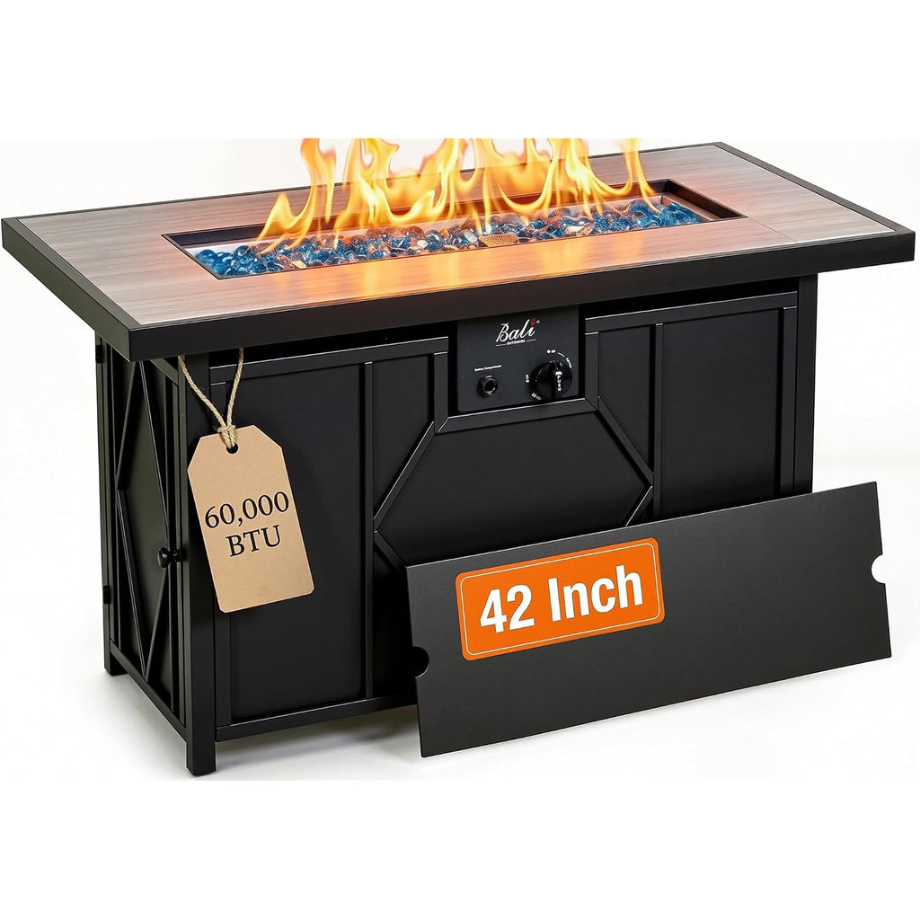 Bali Outdoors 42 Inch Propane Fire Pit Patio | Outdoor Fire Pit Table Large Black Firepits For Outside Rectangular