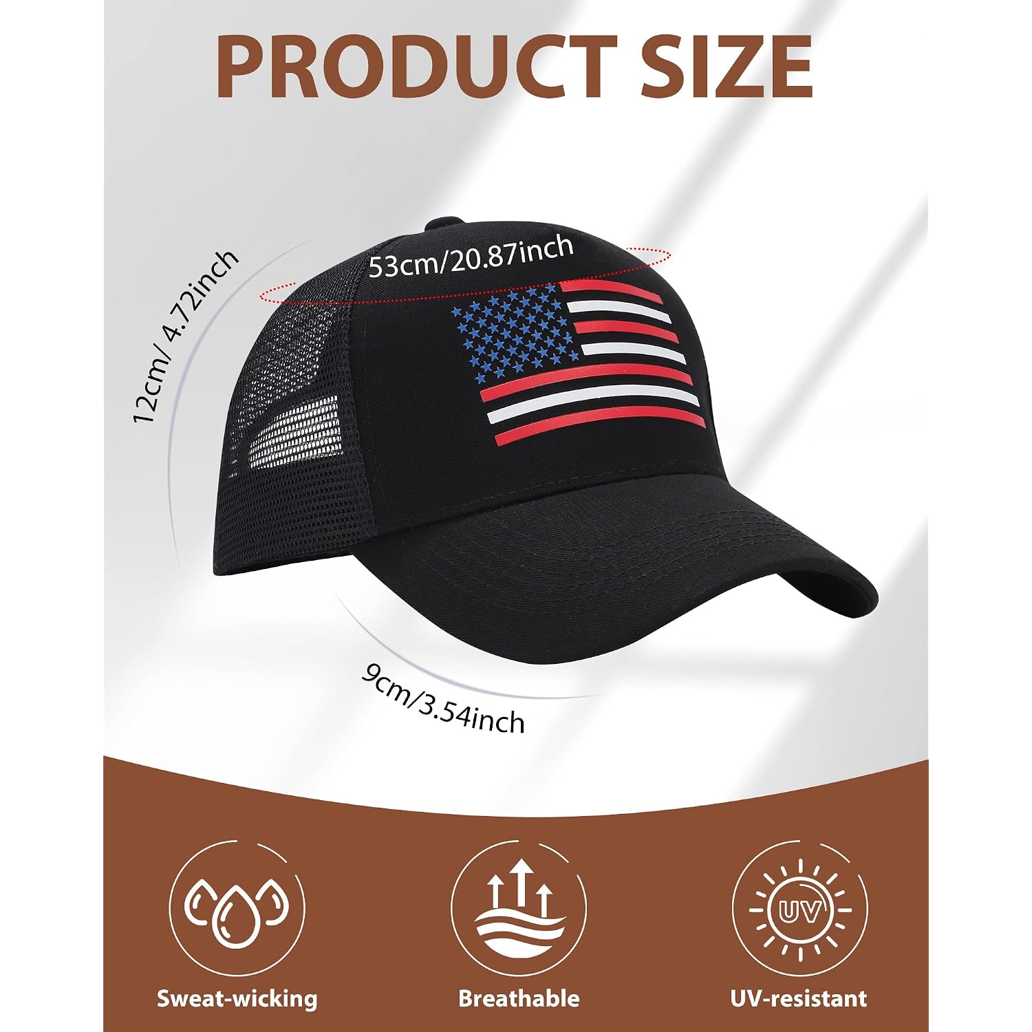 American Flag Hat Patriotic Baseball Cap - USA Flag Trucker Hat for Men & Women, Breathable Mesh Adjustable Sun Hat Black+red
