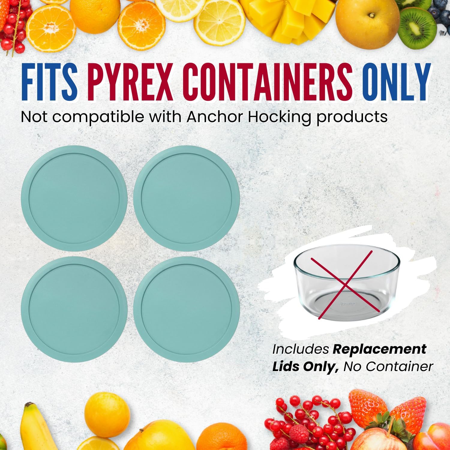 Replacement Lids fits Pyrex 2-Cup Glass Food Storage Container Bowls, 5-Inch Plastic Round Lids Covers for Pyrex 7200-PC, Airtight & Leakproof (4-Pack, Turquoise)