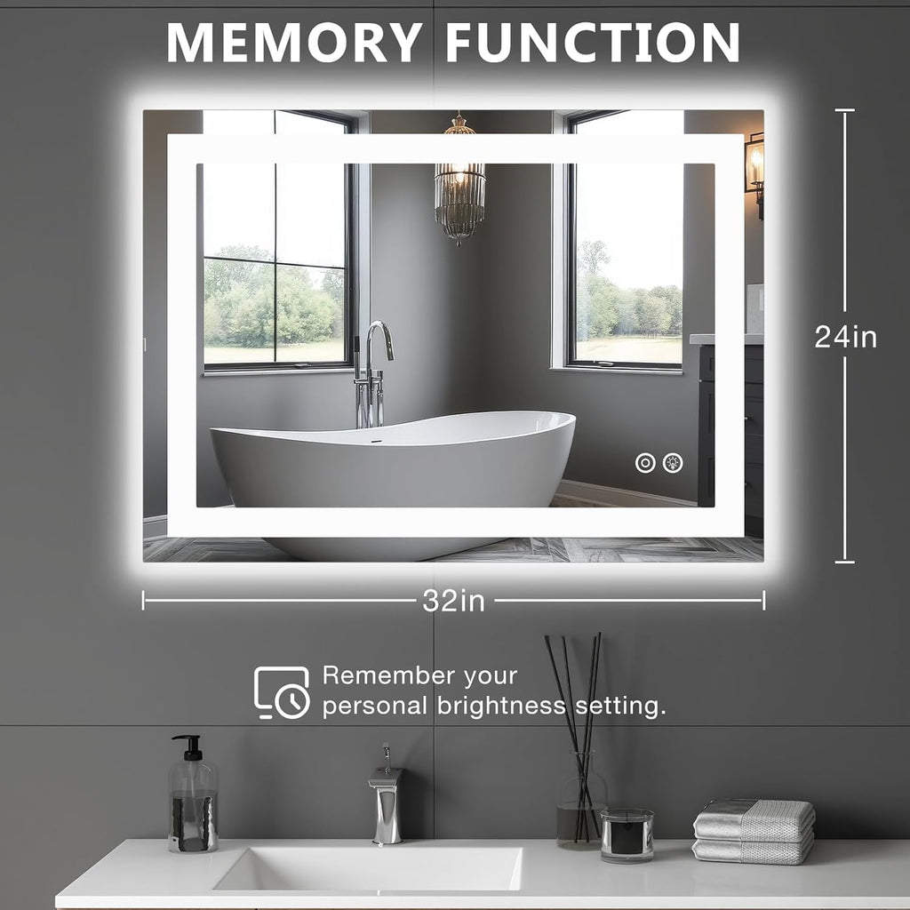 Dumos 24.1"X32.1" Led Bathroom Mirror, Smart Anti-Fog Bathroom Vanity Mirror With Front Light & Backlit, 3 Color Temperatures, Dimmable, Memory Function