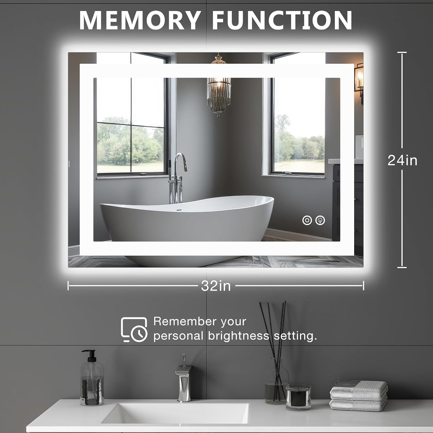 Dumos 24.1"X32.1" Led Bathroom Mirror, Smart Anti-Fog Bathroom Vanity Mirror With Front Light & Backlit, 3 Color Temperatures, Dimmable, Memory Function