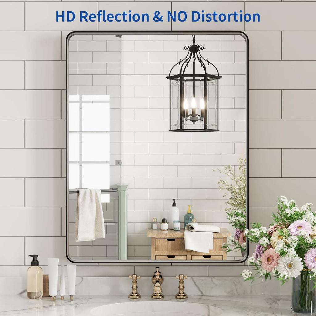 Weer Black Bathroom Vanity Mirror 20X28 Inch, Rounded Rectangle Black Metal Framed Mirror For Over Sink Wall, Farmhouse Matte Black Mirror, Tempered Glass, Anti-Rust, Hangs Horizontal Or Vertical