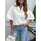 Tankaneo Womens Half Puff Sleeve Button Down Shirts Cotton Loose Fit Tops Summer Dressy Casual Blouses