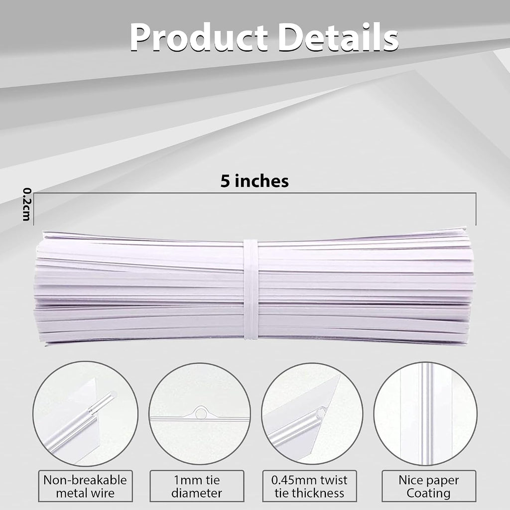 100 Pieces 5" Reusable White Paper Bread Twist Ties, White Twist Ties Bag Ties For Bags Bread Wire Ties Reusable Twist Tie For Treat Party Cello Candy Bread Coffee Bags Cake Pops