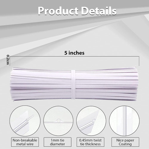 100 Pieces 5" Reusable White Paper Bread Twist Ties, White Twist Ties Bag Ties For Bags Bread Wire Ties Reusable Twist Tie For Treat Party Cello Candy Bread Coffee Bags Cake Pops