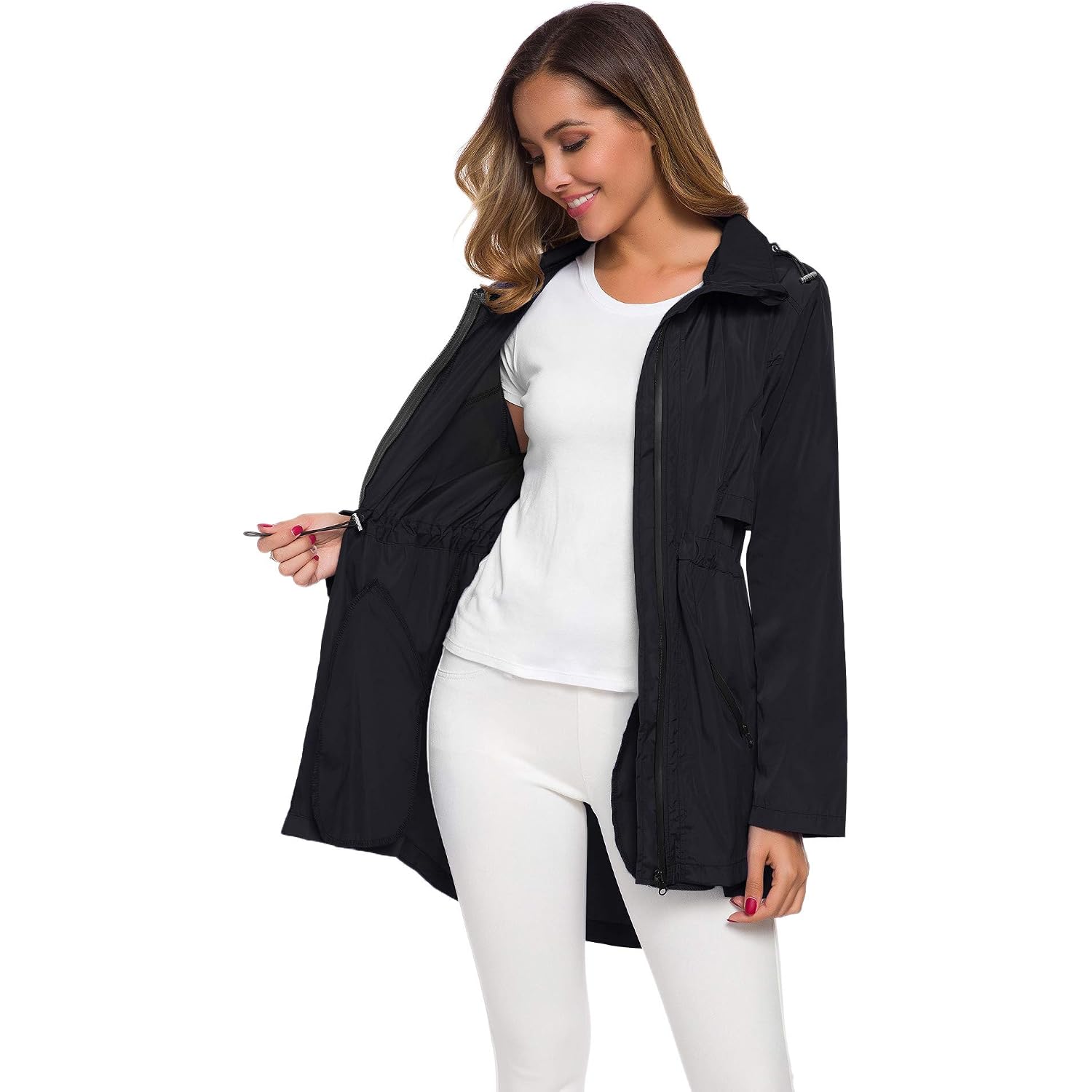 Women'S Long Raincoat With Hood Outdoor Lightweight Windbreaker Rain Jacket Waterproof