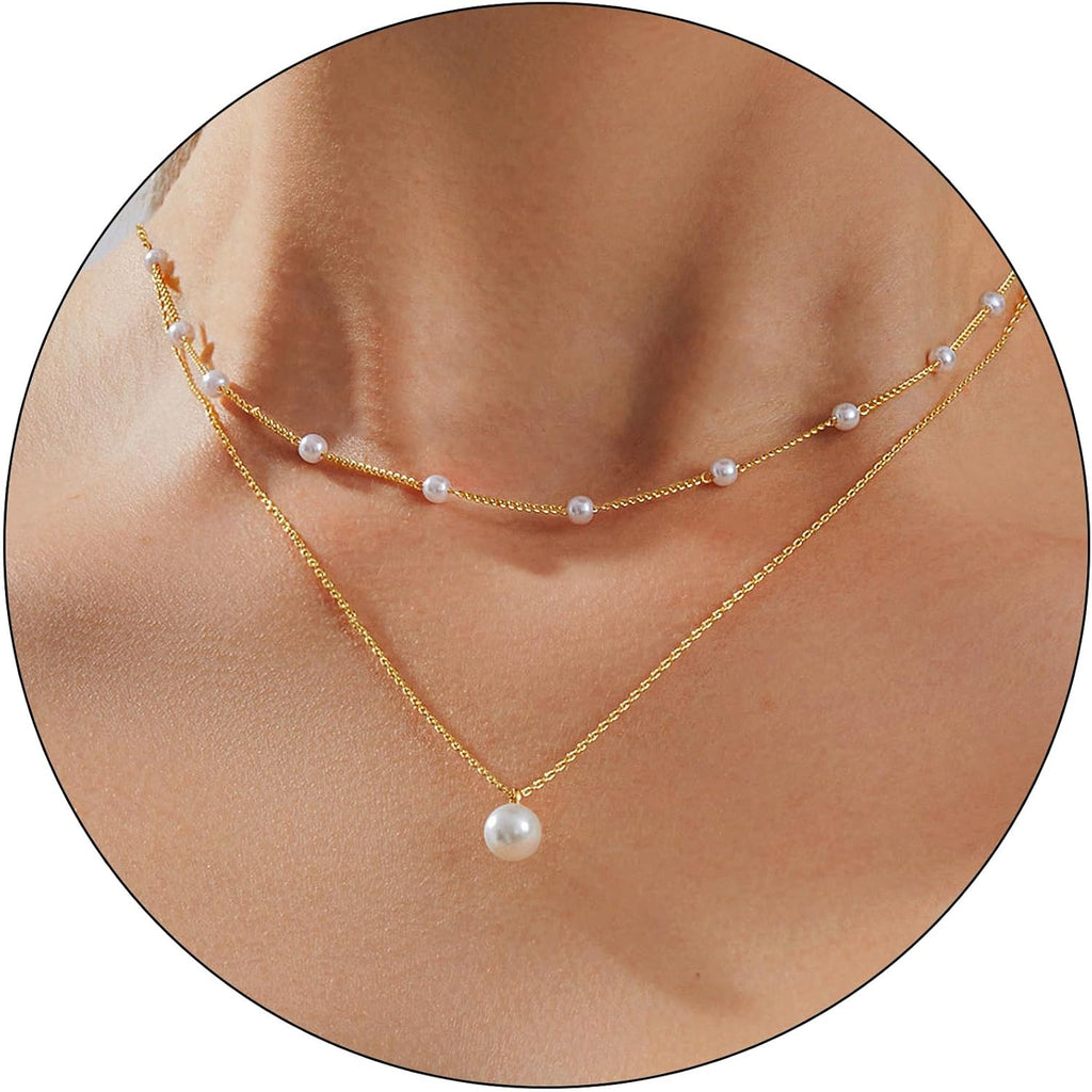 Partm Pearl Necklace for Women Trendy 14K Gold Plated Dainty Pearl Pendant Choker Set Handmade Pearl Gold Necklace Non Tarnish Simple Cute Jewelry Gifts for Women