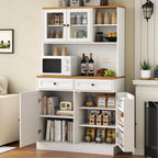 Tall Pantry Cabinet, Modern Kitchen Hutch With Microwave Stand, Kitchen Pantry Storage Cabinet With 2 Darwers & Door Shelf, Food Pantry With Glass Doors & Adjustable Shelves For Dining Room, White