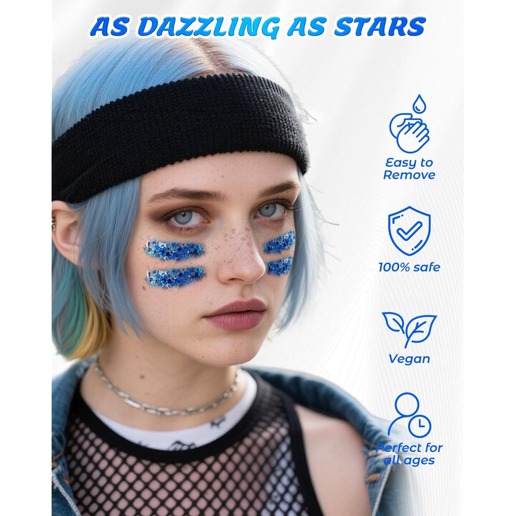 6PCS Blue Face Body Glitter Gel，Holographic Chunky Sequins Body Glitter Paint for Party Singer Concerts Music Festival Rave Accessories for Girls Women Face Body DIY Sparkling Makeup