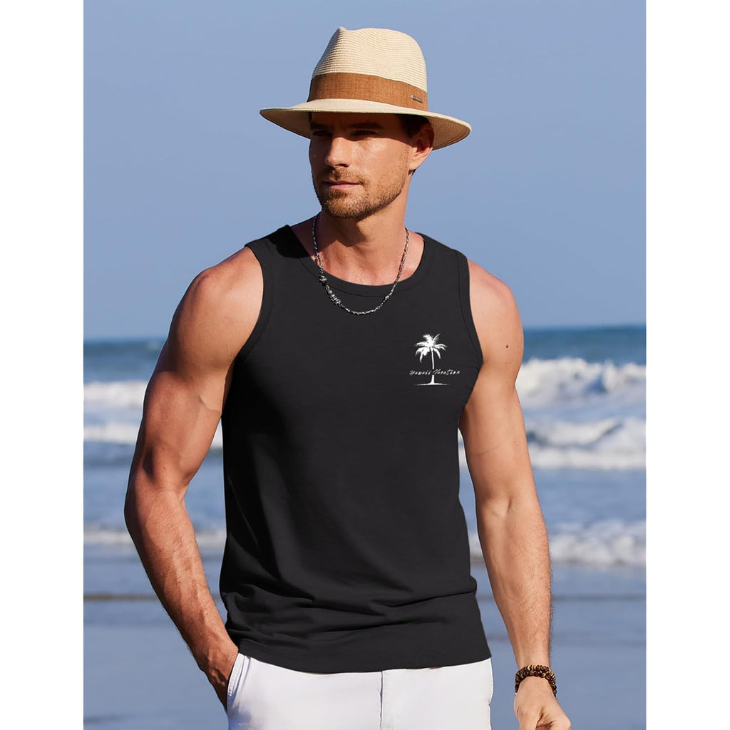 Coofandy Mens Beach Tank Tops Summer Cotton Sleeveless Graphic T Shirts Palm Tree Casual Vacation Muscle Tank