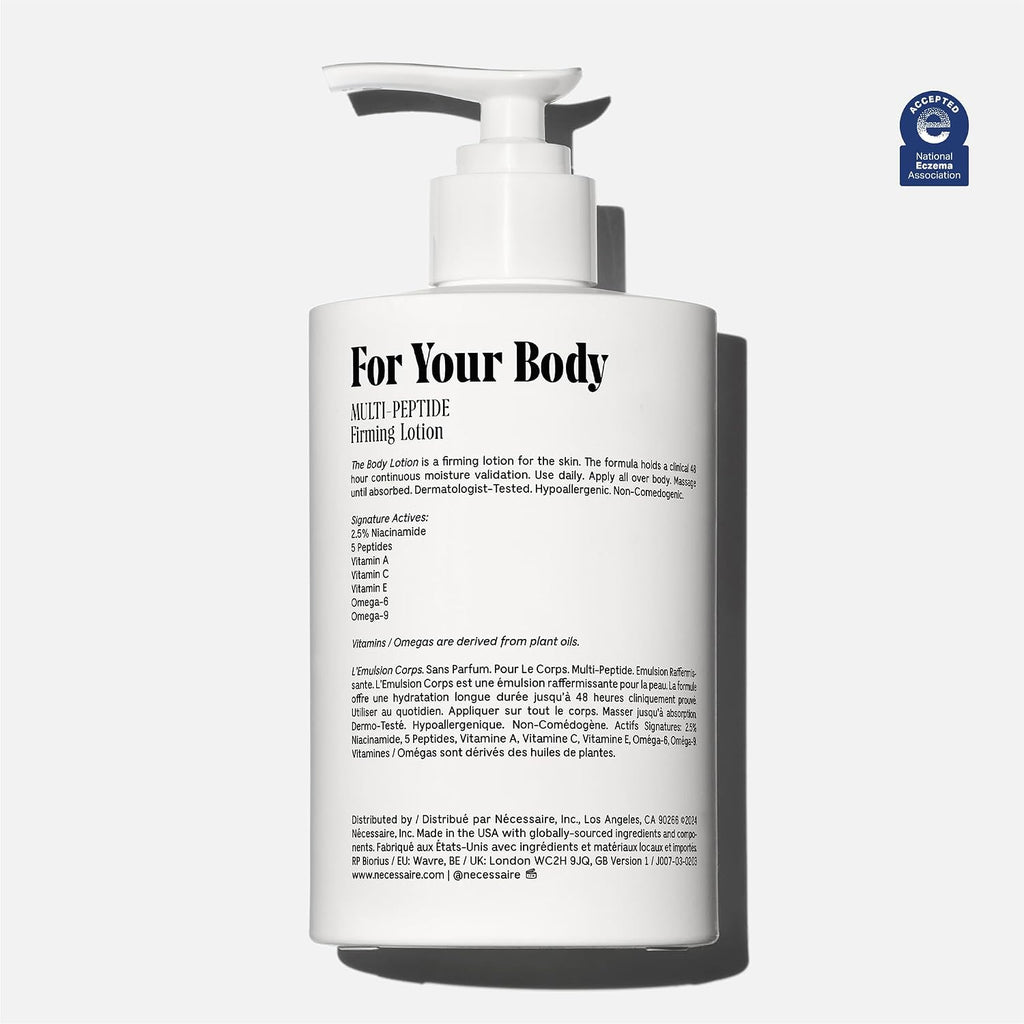Nécessaire The Body Lotion - Fragrance-Free - Multi-Peptide Moisturizer - Firming Body Lotion For Women + Men. 2.5% Niacinamide. Non-Comedogenic + Hypoallergenic For Sensitive Skin – 450Ml/15.2 Fl Oz