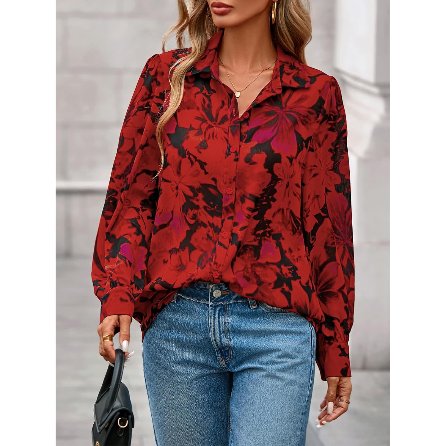 Women's Floral Blouses Dressy Casual V Neck Button Down Shirts Lantern Long Sleeve Boho Chiffon Spring Tops 2026