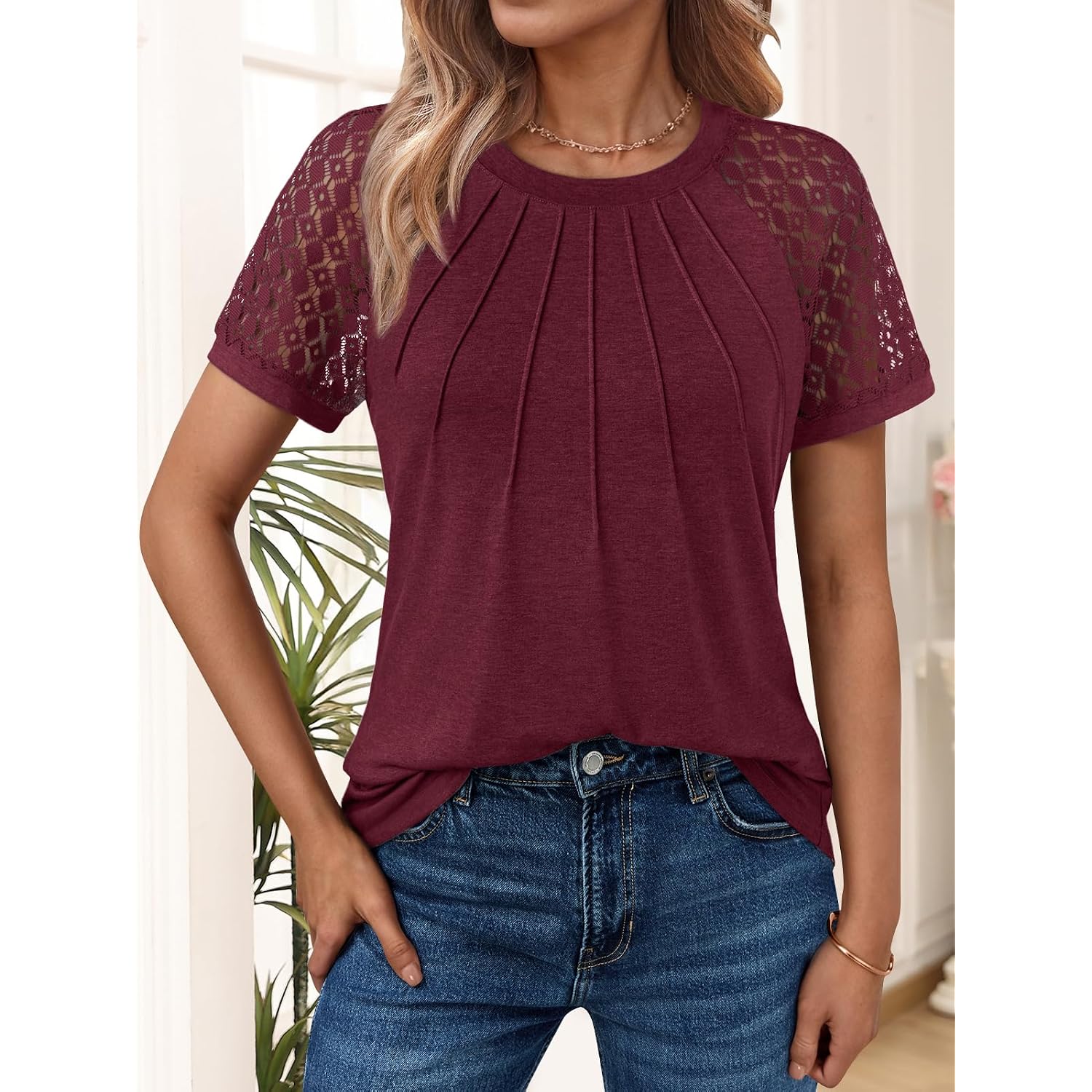 Automet Women'S Lace Short Sleeve Tops - Pleated Business Casual Work Shirts For Summer