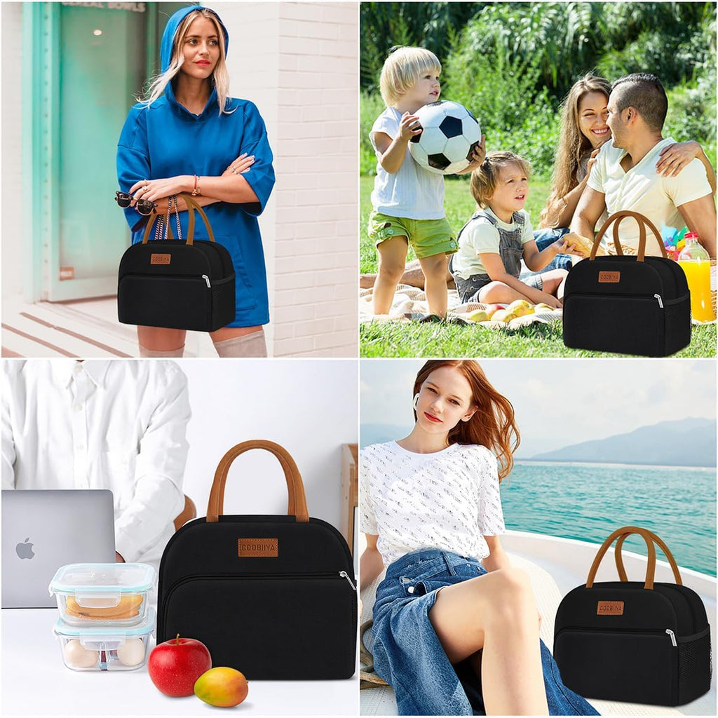 Lunch Box Lunch Bag For Women Men,Reusable Cute Lunch Pail Bag,Leakproof,Insulated Lunchbox Tote Compact 10L, Cooler Lunch Container For Work Travel Office (Black)