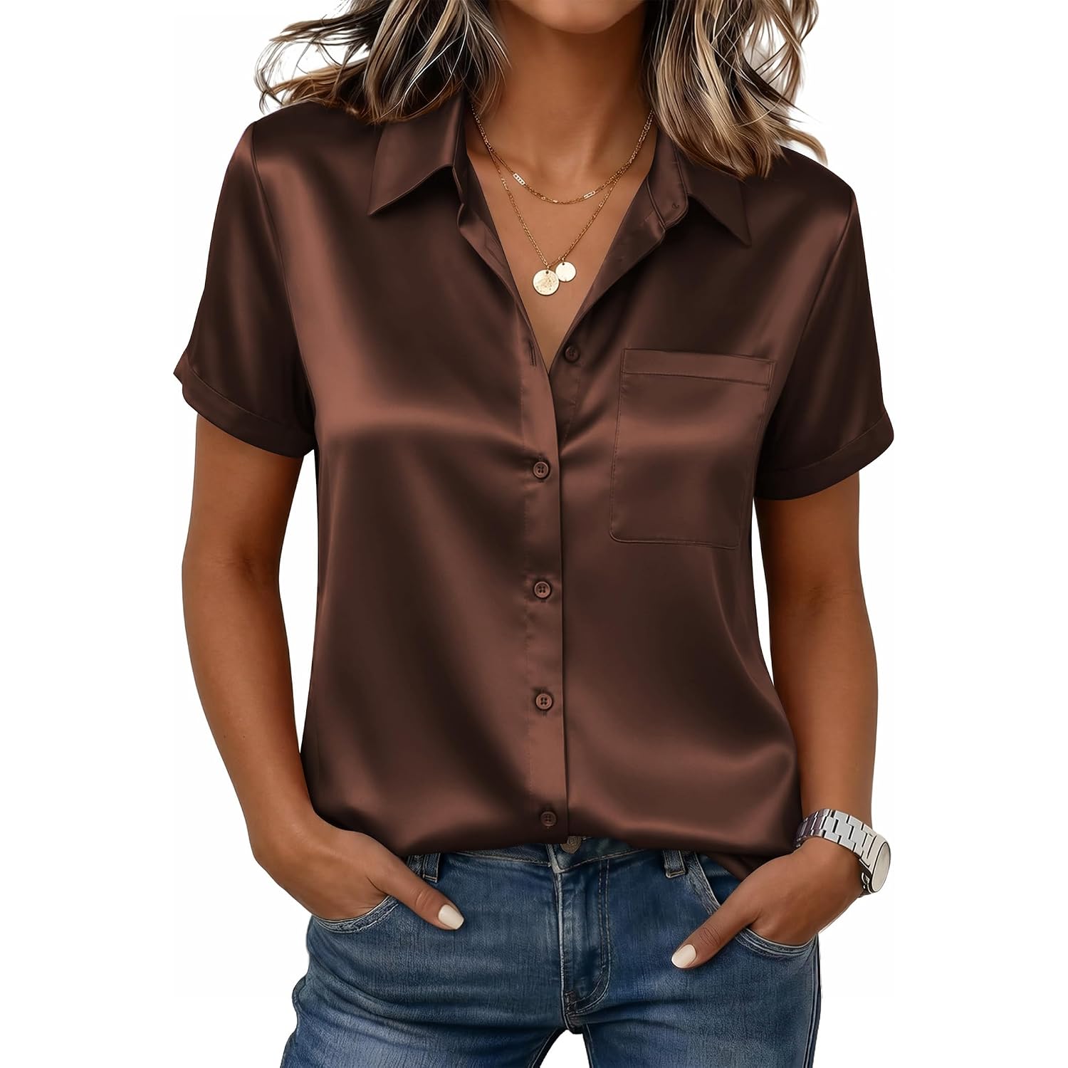 Zeagoo Satin Blouses For Women Silk Button Down Shirts Short Sleeve Business Casual Tops