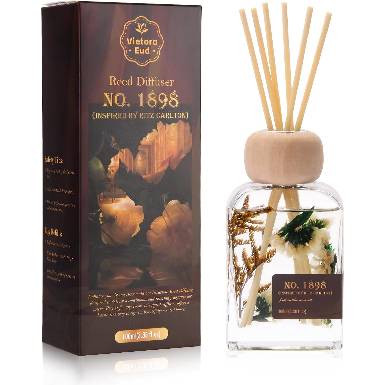 Luxury Hotel Scent Reed Diffuser 100Ml (3.38Oz) | No.1898 Hotel Collection Diffuser Oil Inspired By Ritz Carlton | Home, Bathroom & Office Decor | Long-Lasting Room Freshener Gift Set