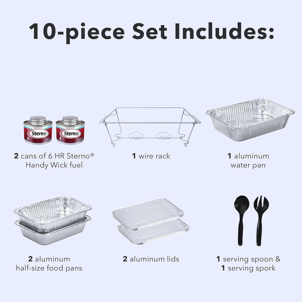 Sterno Disposable Complete Chafing Dish Buffet Set, 6-Hour Chafer Fuel Wick, Food Warmers, Warming Trays, Lids & Serving Utensils