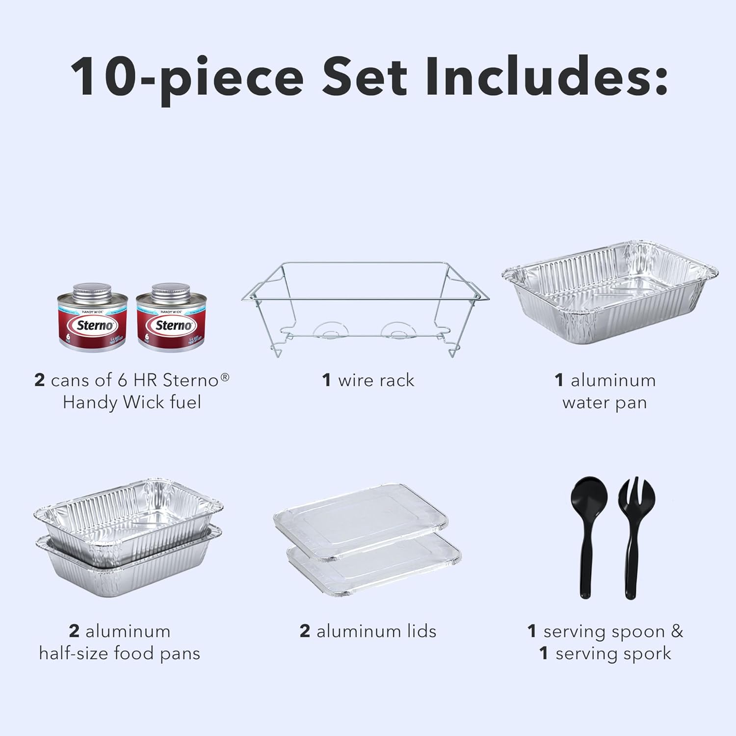 Sterno Disposable Complete Chafing Dish Buffet Set, 6-Hour Chafer Fuel Wick, Food Warmers, Warming Trays, Lids & Serving Utensils
