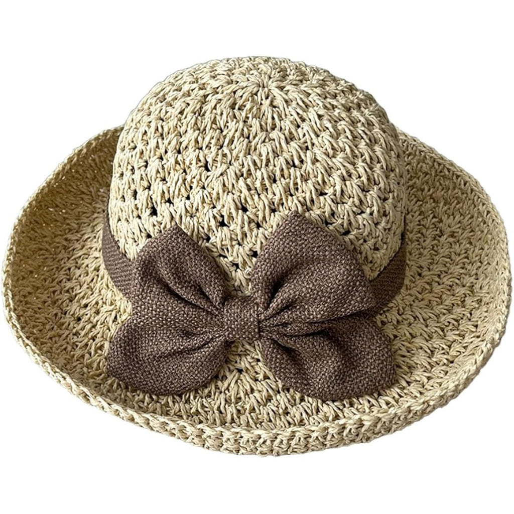 Purfun Women Vintage Bowknot Straw Hats Flower Shape Cloche Hat Anti-Uv Floppy Sun Hats Bucket Hat Roll Up Travel Beach Caps