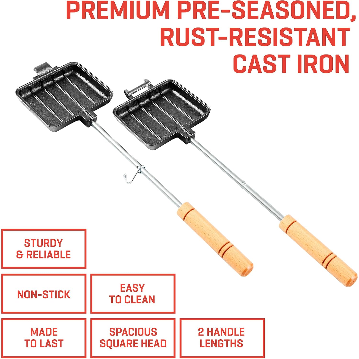 Uno Casa Pie Iron Sandwich Maker - Cast Iron Sandwich Maker With Recipe Book | Pudgy Pie Maker With Handle Extension | Heavy Duty Cast Iron For Outdoor And Camping Adventures