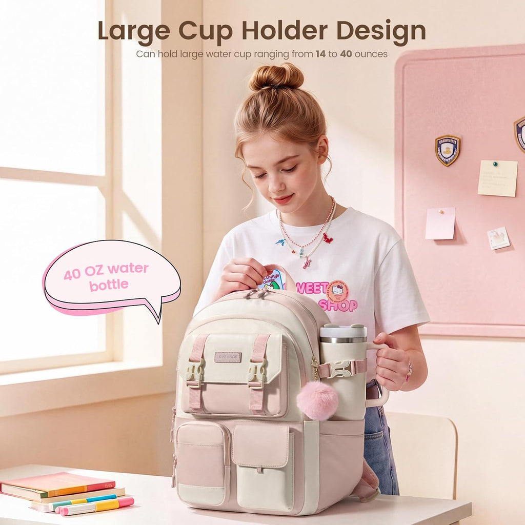 Lovevook School Backpack For Teen Girls,Student Backpack Purse For 8-16 Teenage,Cute Kid Bookbag With Large Cup Holder