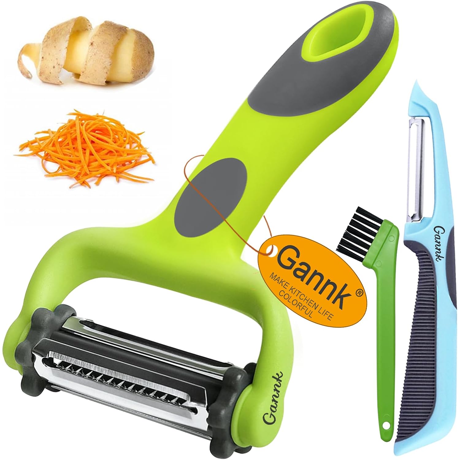 Gannk Potato Apple Vegetable Peelers For Kitchen, I And Y Peelers For Fruit Veggie Potatoes Carrot Cucumber, 3 In 1 Blade Spin Design With Julienne Multifunctional