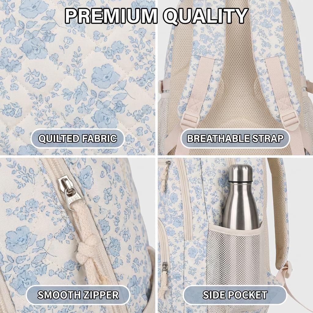 Floral Backpack 3Pcs Set For Women Quilted Backpack Coquette Pleasing Kawaii Rucksack Cute Preppy Daypack (Blue)